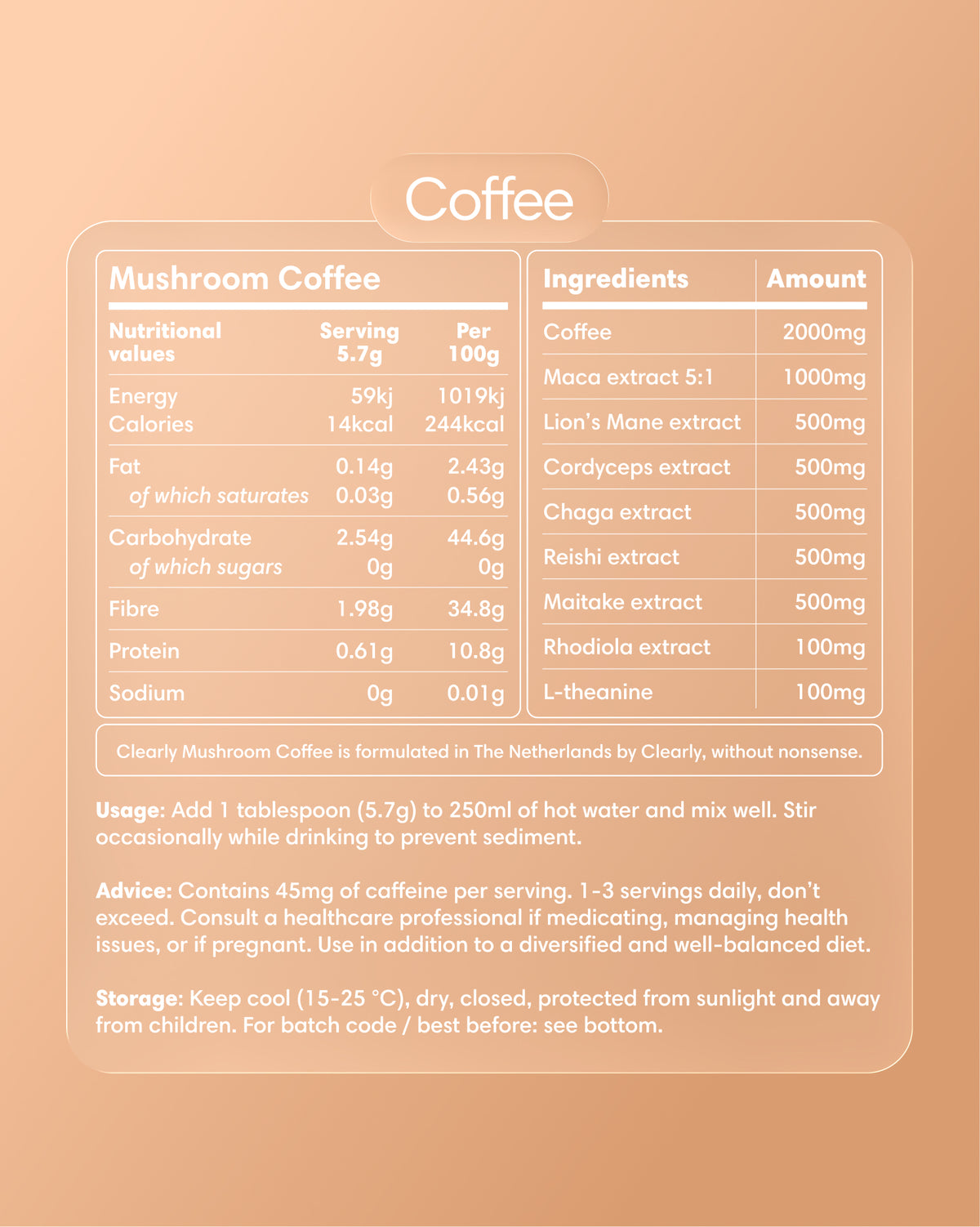 Clearly Mushroom Coffee label showing a bag with earthy mushroom illustrations and natural coffee branding.